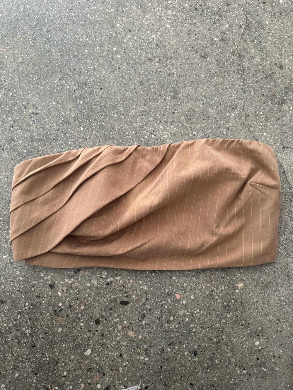 Strapless Pinstripe Ruched Top in Tan